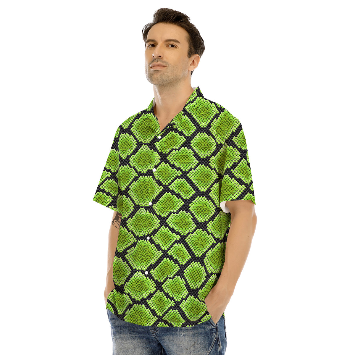 Snakeskin Black And Neon Green Print Men's Hawaiian Shirt-grizzshop