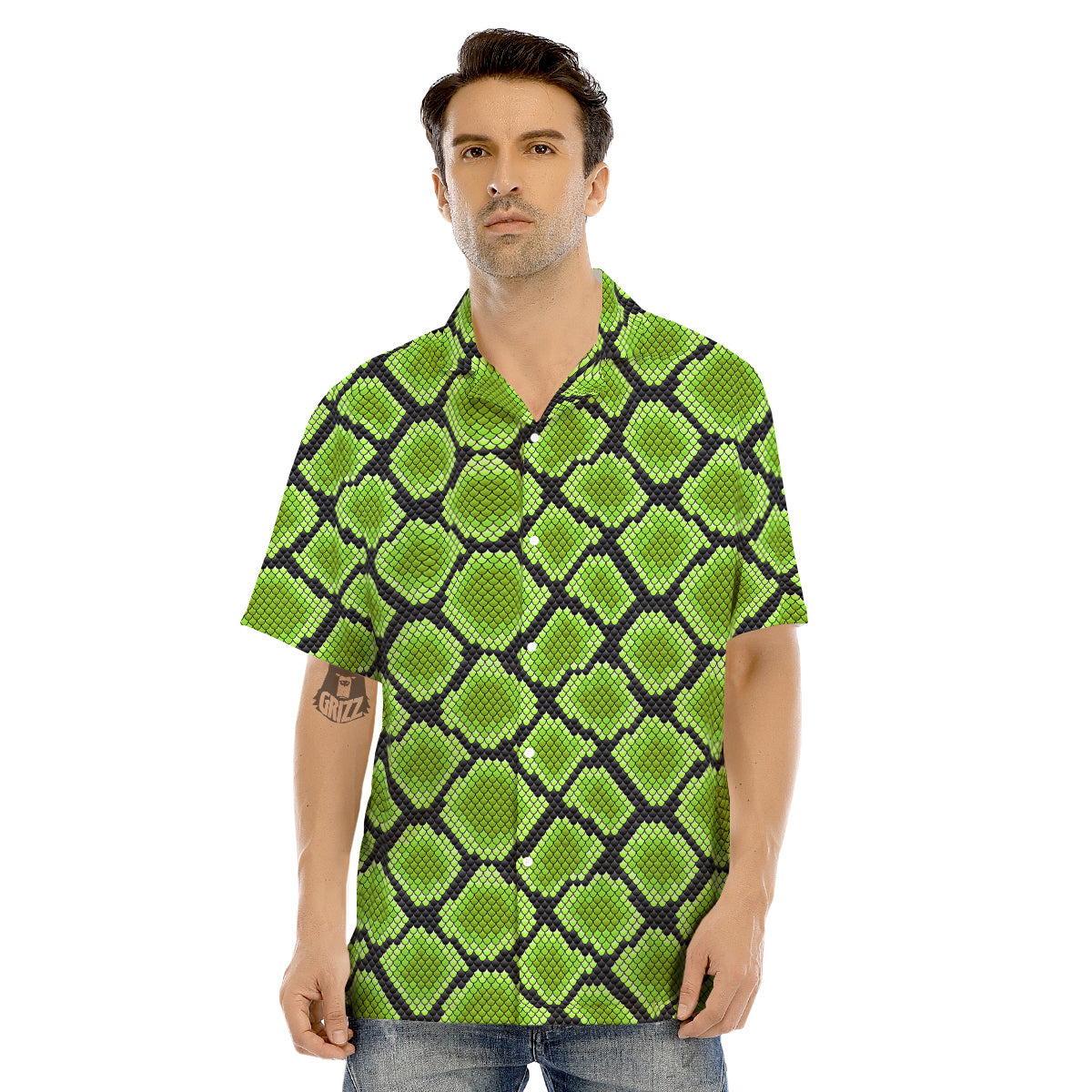Snakeskin Black And Neon Green Print Men's Hawaiian Shirt-grizzshop