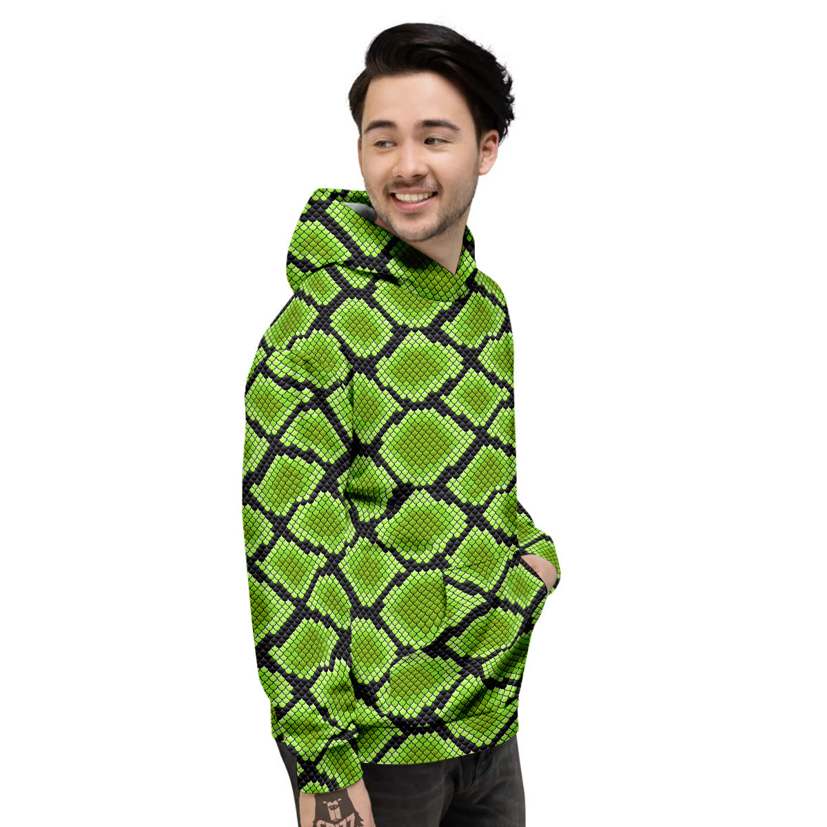 Snakeskin Black And Neon Green Print Men's Hoodie-grizzshop