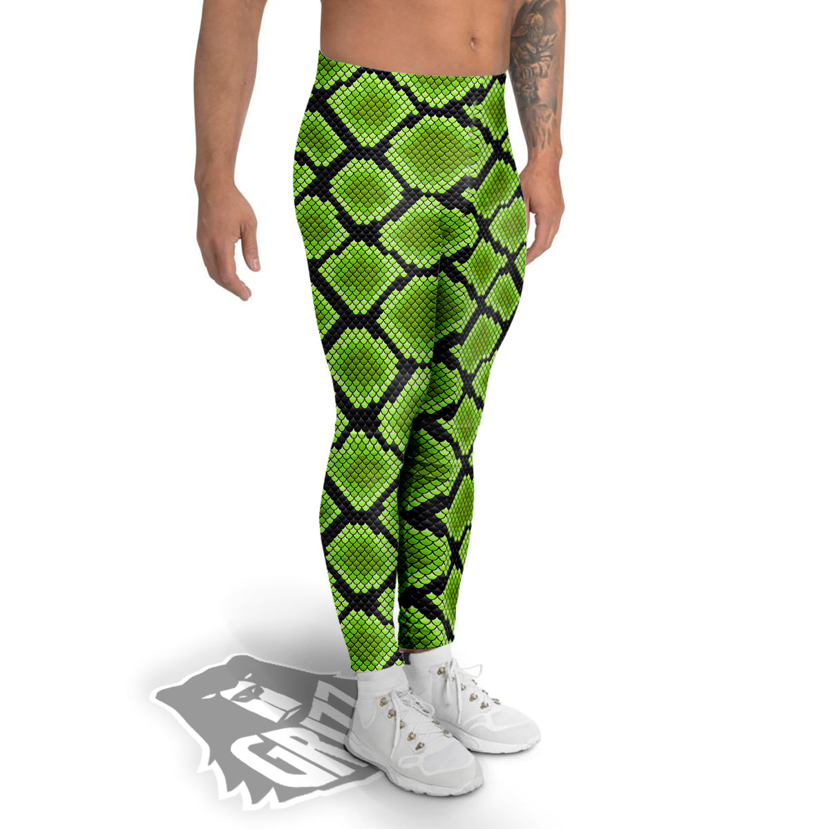 Snakeskin Black And Neon Green Print Men's Leggings-grizzshop