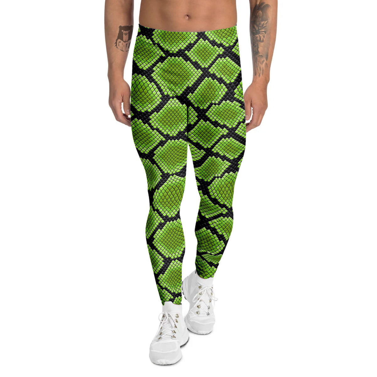 Snakeskin Black And Neon Green Print Men's Leggings-grizzshop