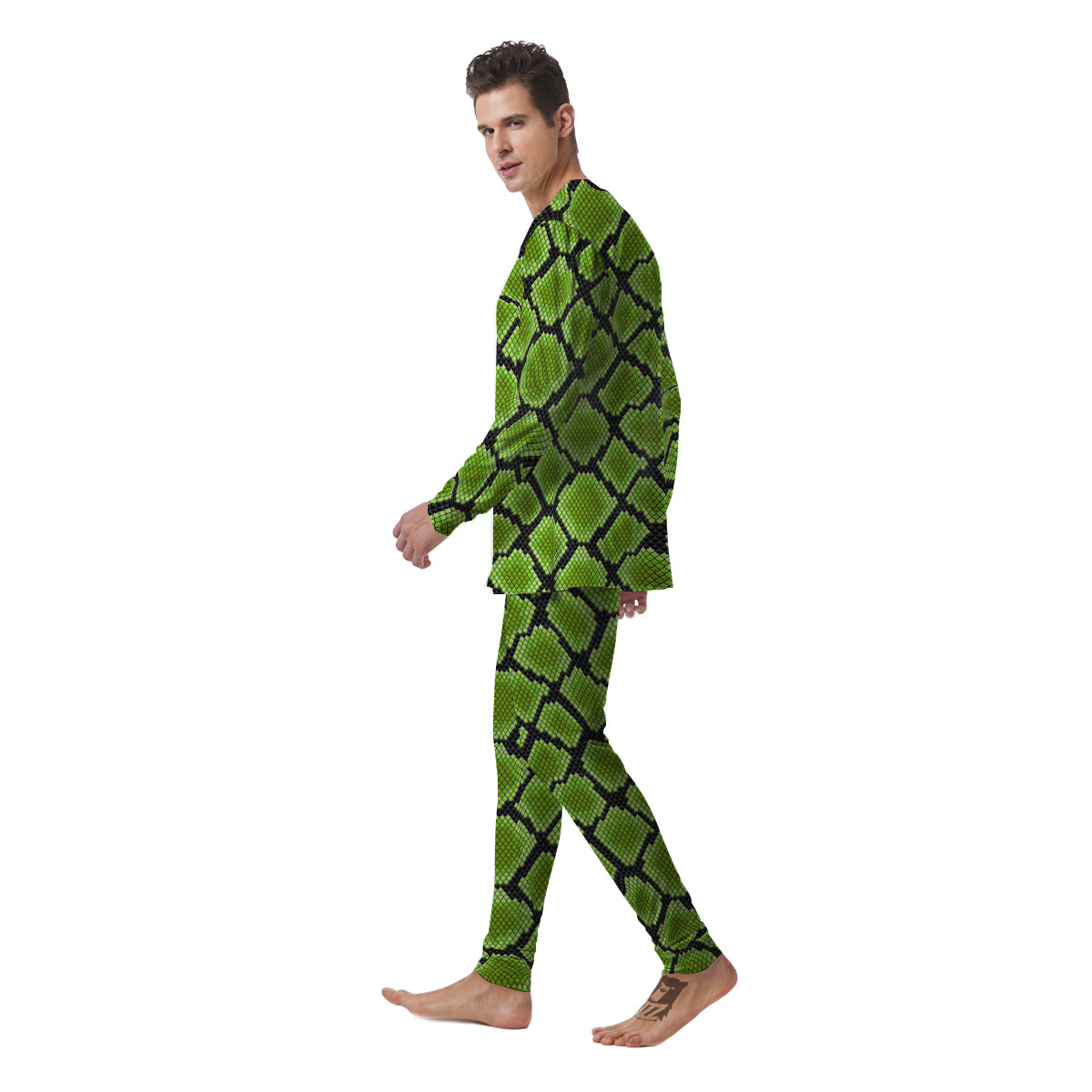 Snakeskin Black And Neon Green Print Men's Pajamas-grizzshop