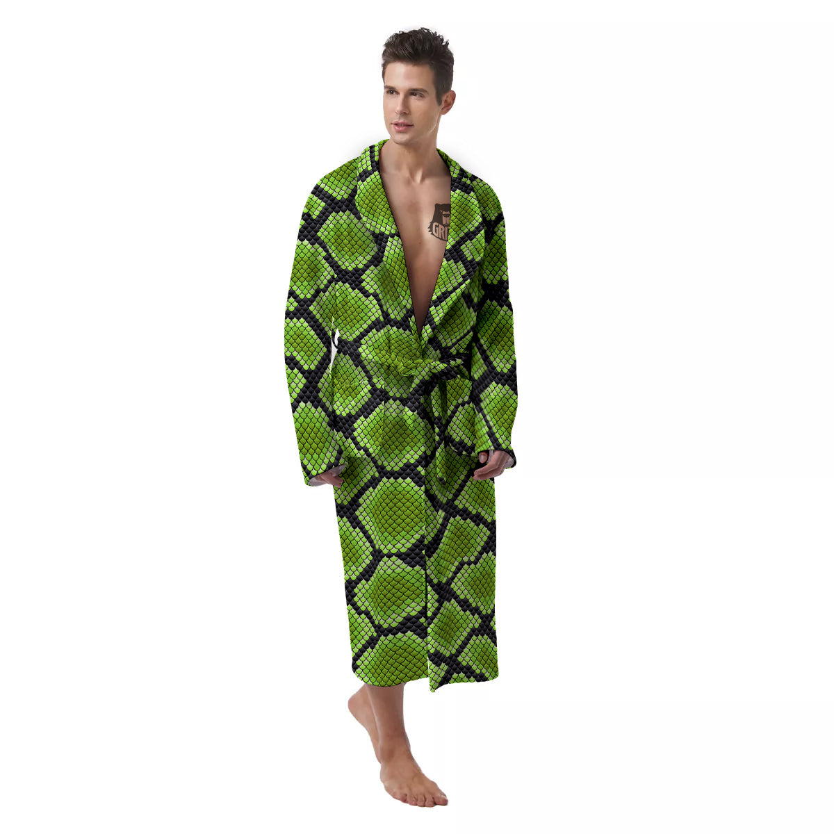 Snakeskin Black And Neon Green Print Men's Robe-grizzshop
