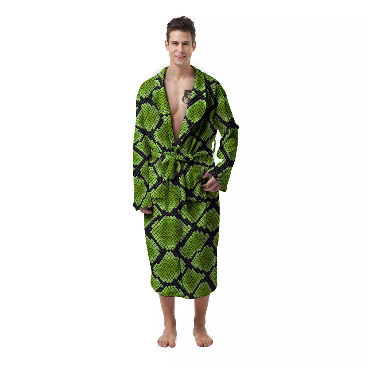 Snakeskin Black And Neon Green Print Men's Robe-grizzshop