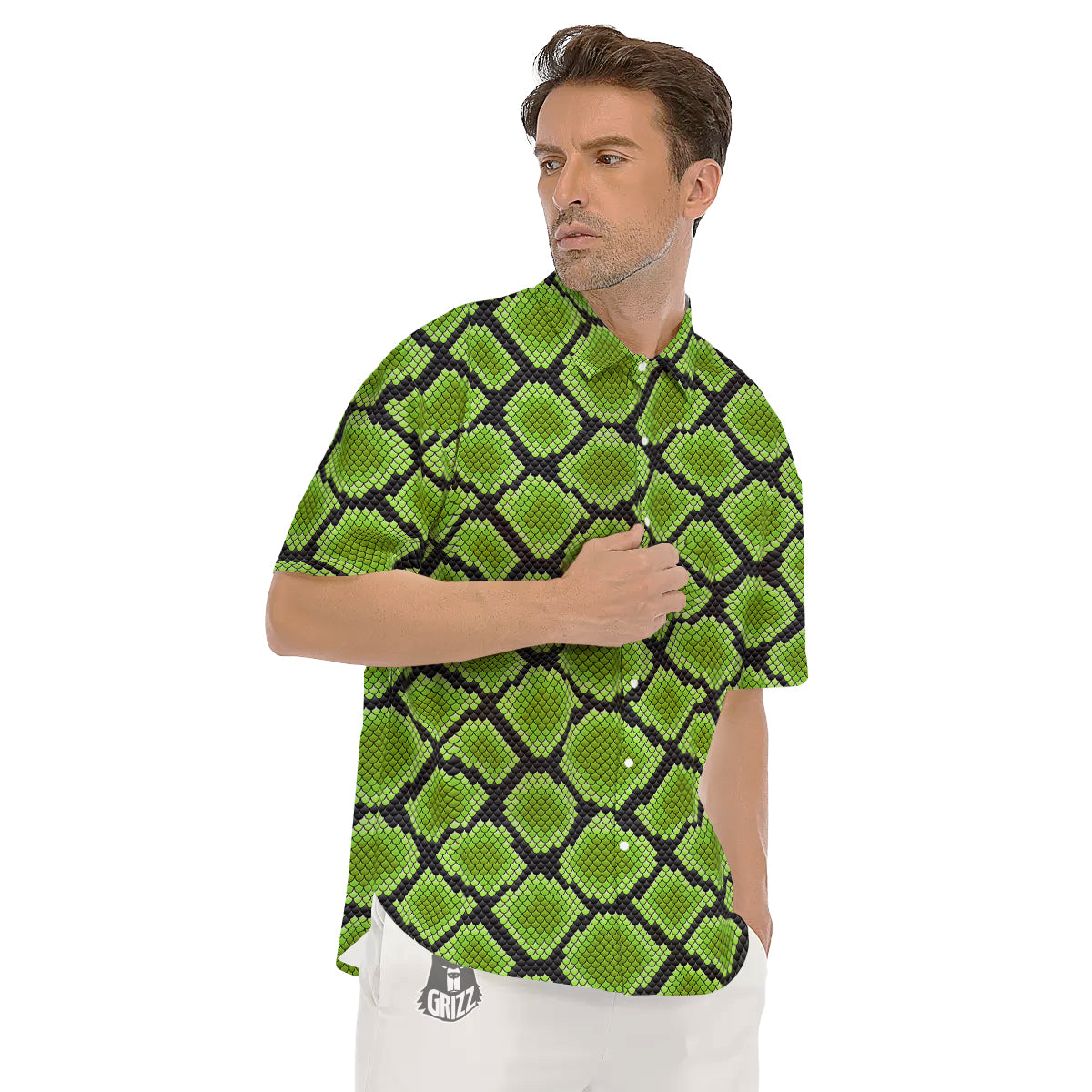 Snakeskin Black And Neon Green Print Men's Short Sleeve Shirts-grizzshop