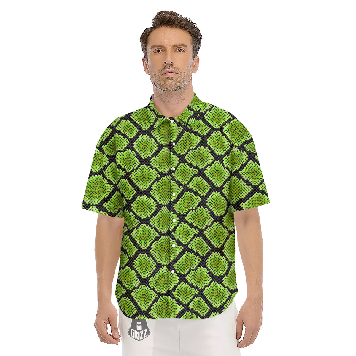 Snakeskin Black And Neon Green Print Men's Short Sleeve Shirts-grizzshop