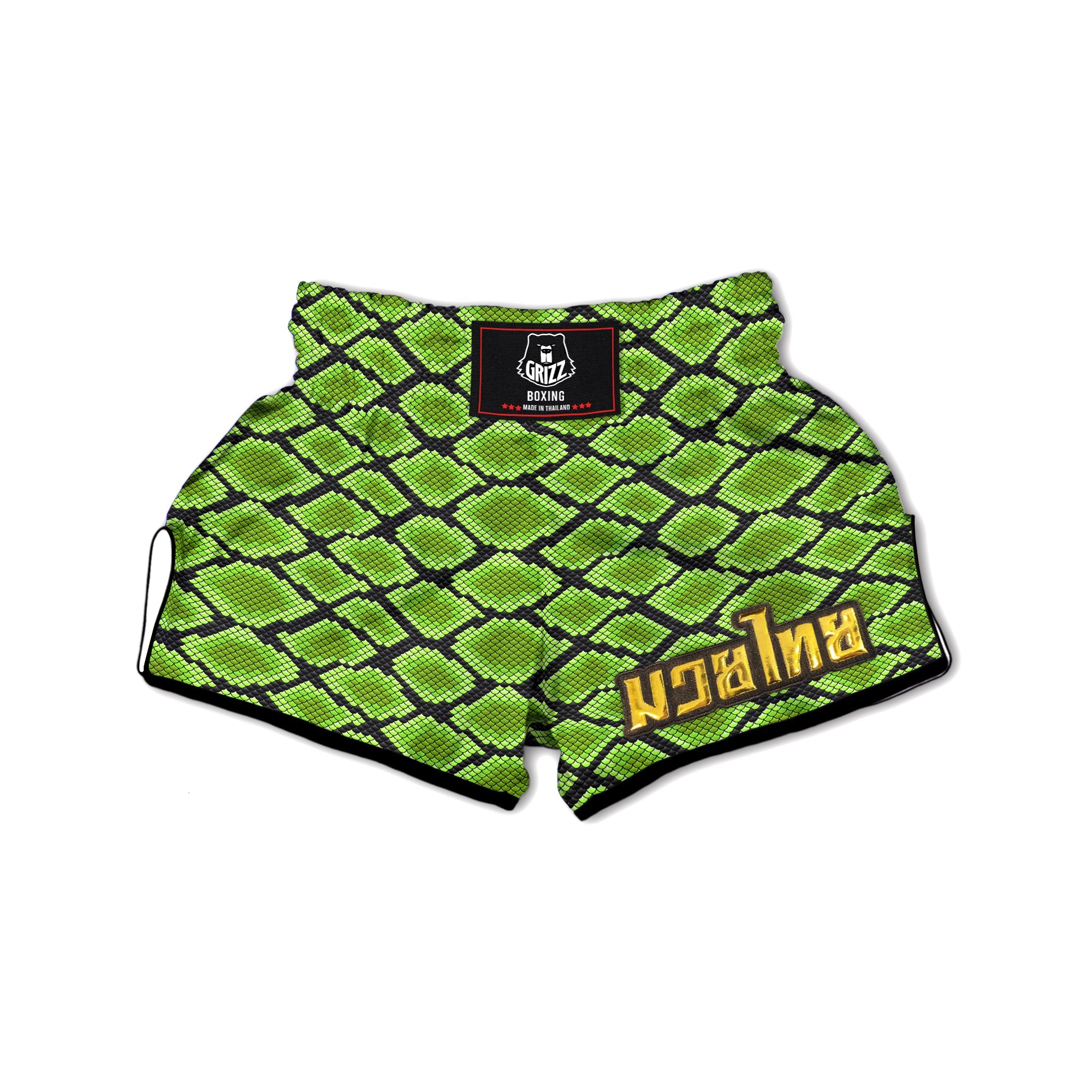 Snakeskin Black And Neon Green Print Muay Thai Boxing Shorts-grizzshop