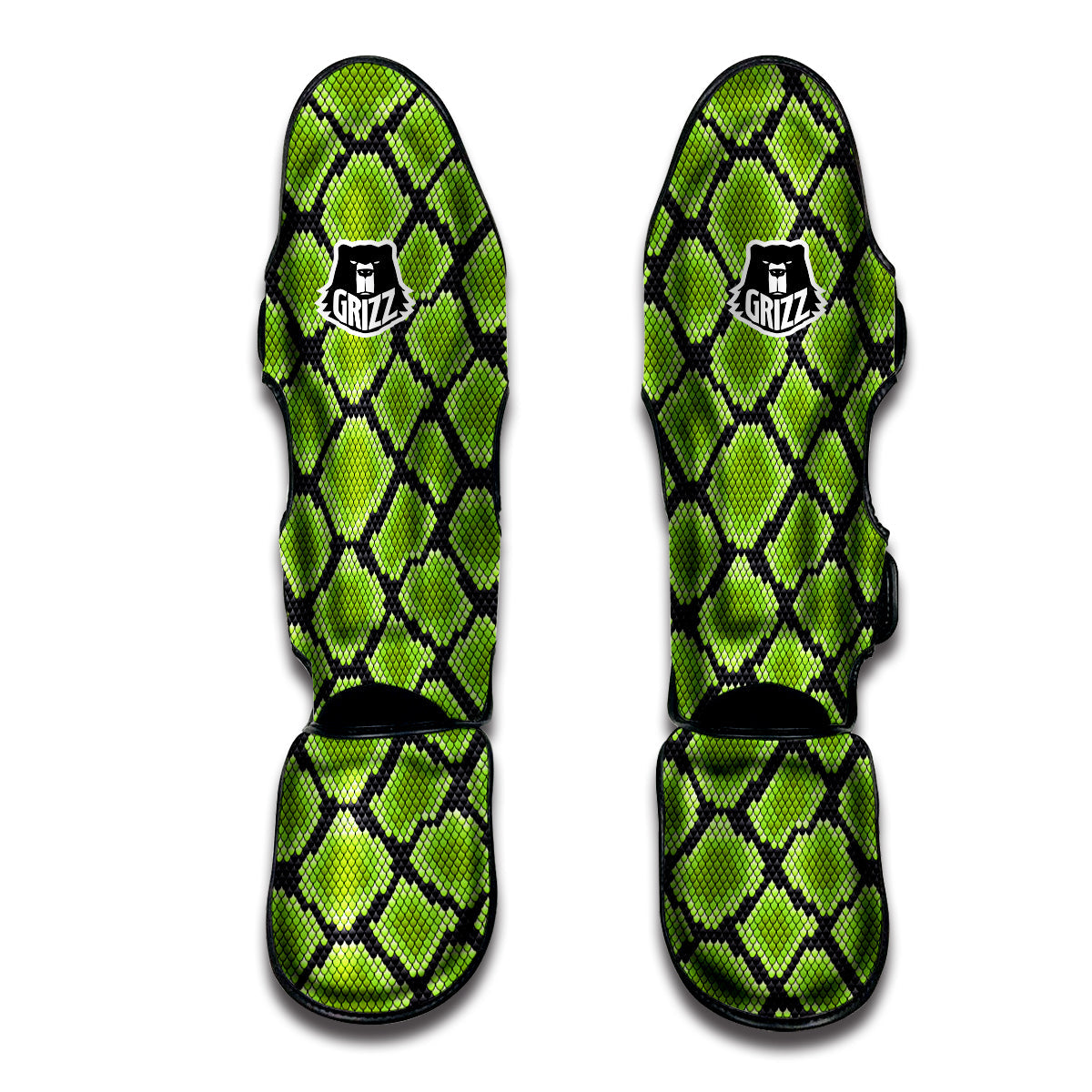 Snakeskin Black And Neon Green Print Muay Thai Shin Guards-grizzshop