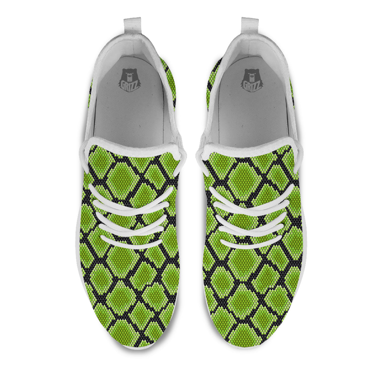 Snakeskin Black And Neon Green Print White Athletic Shoes-grizzshop