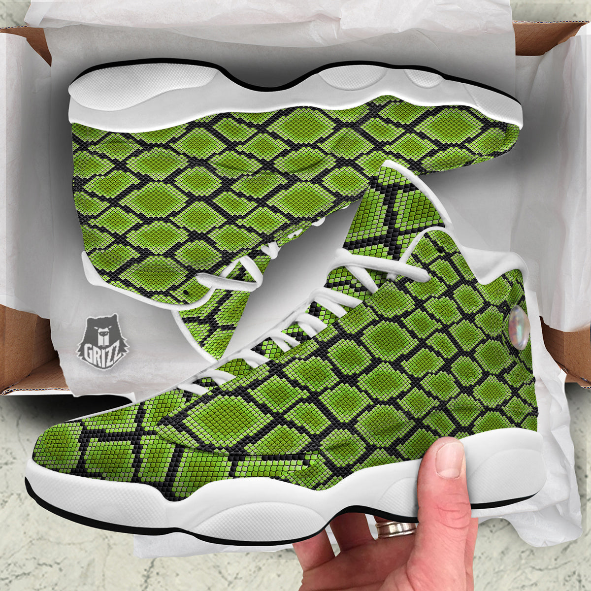 Snakeskin Black And Neon Green Print White Basketball Shoes-grizzshop