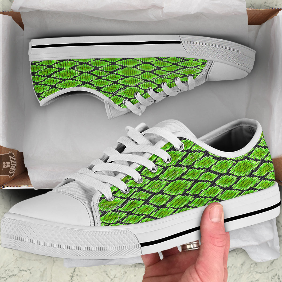 Snakeskin Black And Neon Green Print White Low Top Shoes-grizzshop