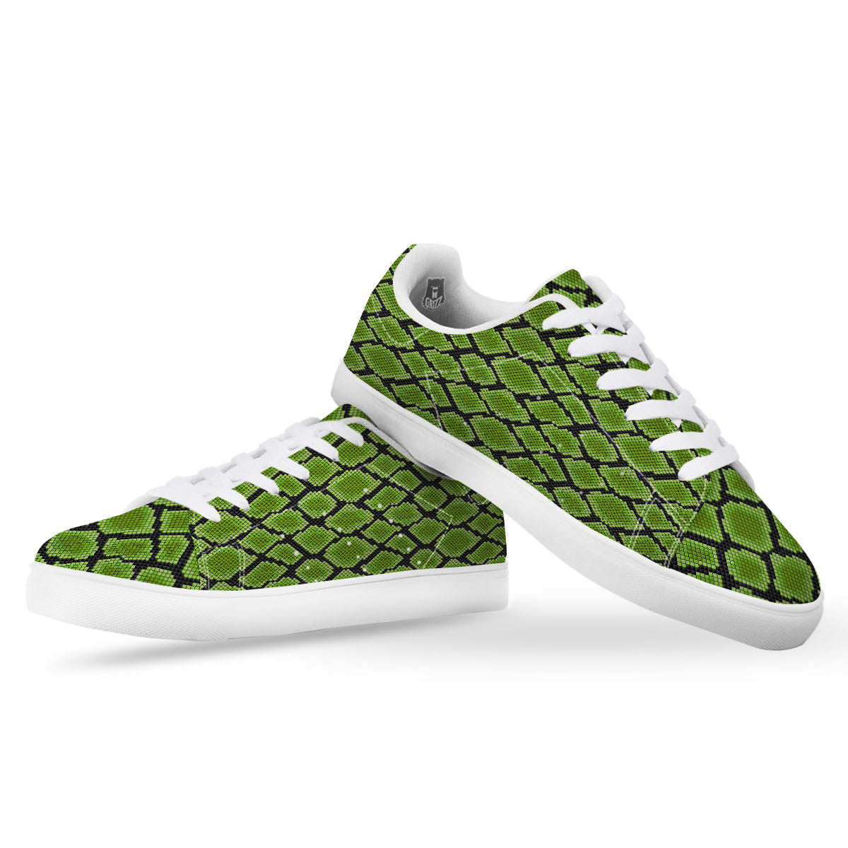 Snakeskin Black And Neon Green Print White Low Top Sneakers-grizzshop