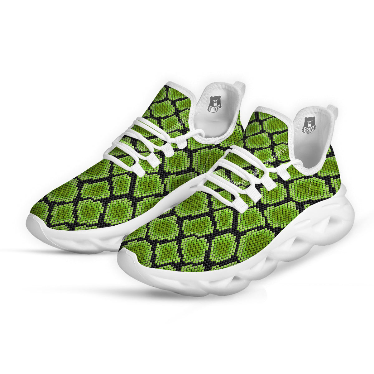 Snakeskin Black And Neon Green Print White Running Shoes-grizzshop