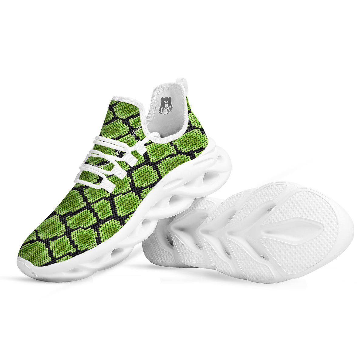 Snakeskin Black And Neon Green Print White Running Shoes-grizzshop