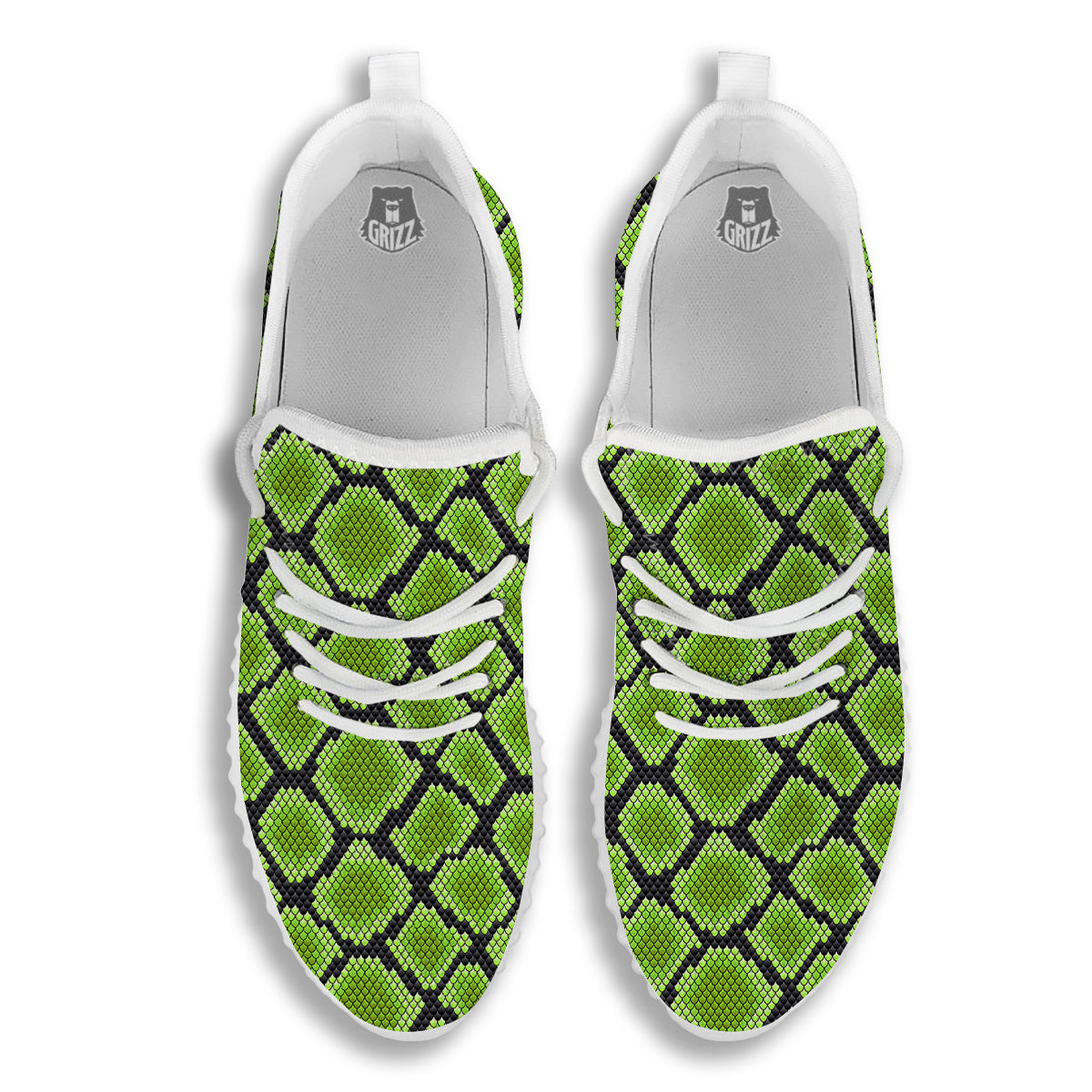 Snakeskin Black And Neon Green Print White Walking Shoes-grizzshop