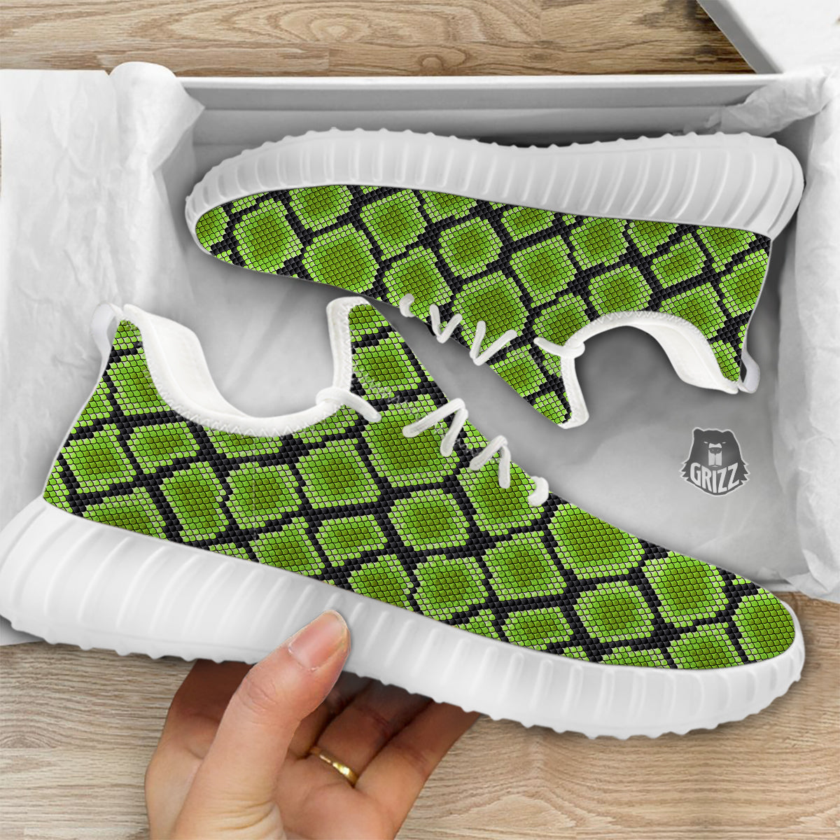 Snakeskin Black And Neon Green Print White Walking Shoes-grizzshop