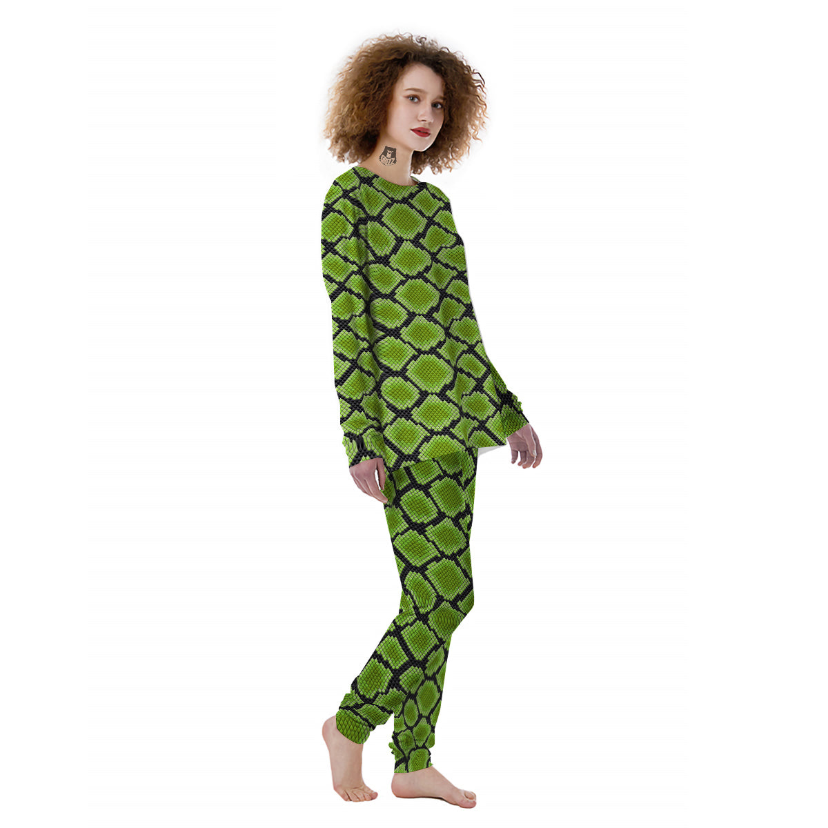 Snakeskin Black And Neon Green Print Women's Pajamas-grizzshop