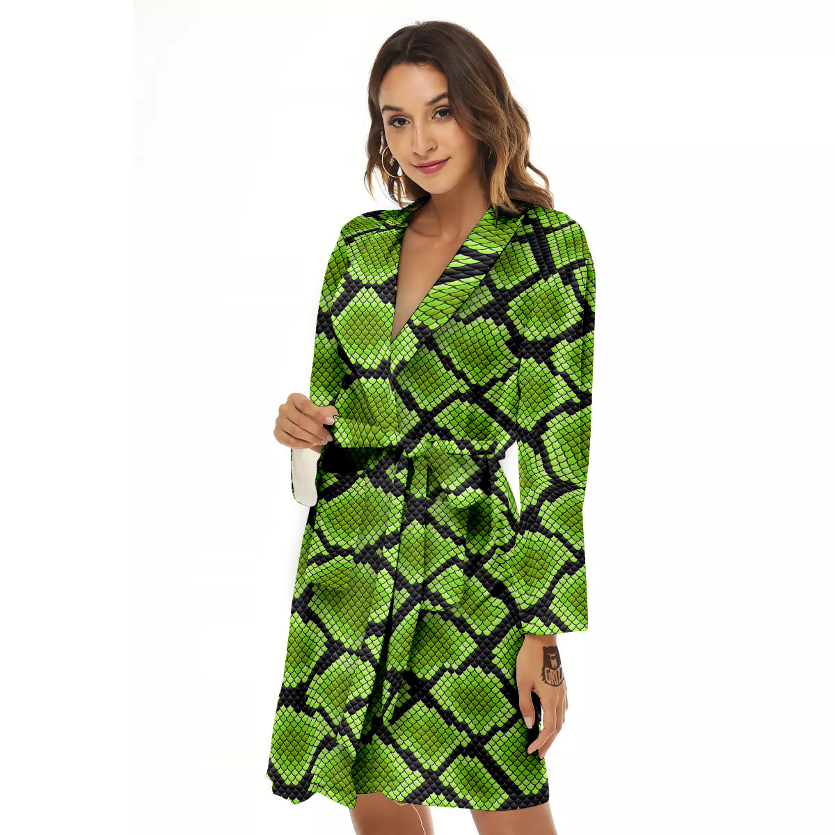 Snakeskin Black And Neon Green Print Women's Robe-grizzshop