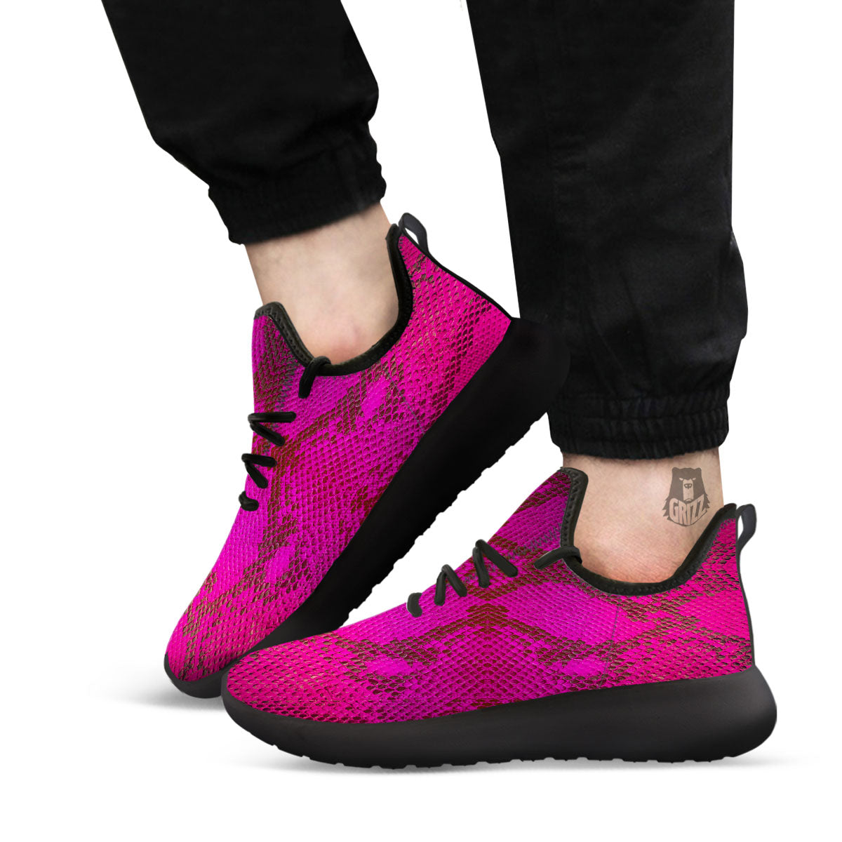 Snakeskin Black And Pink Magenta Print Black Athletic Shoes-grizzshop