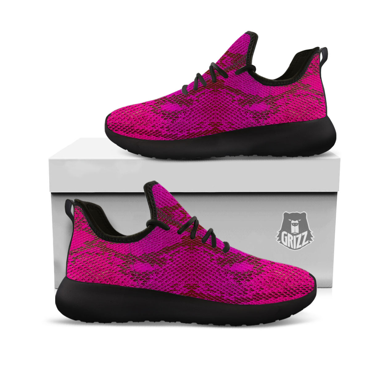 Snakeskin Black And Pink Magenta Print Black Athletic Shoes-grizzshop