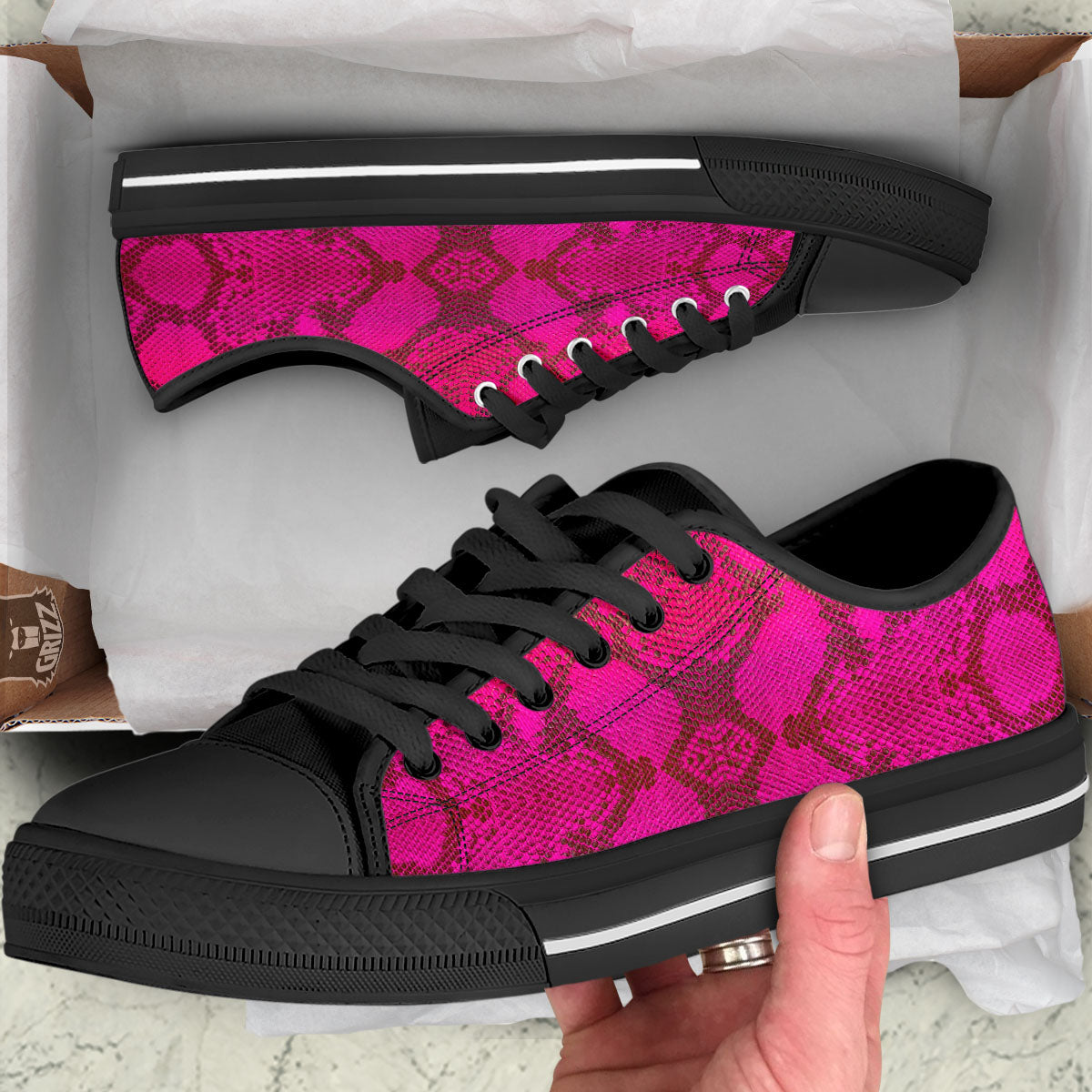 Snakeskin Black And Pink Magenta Print Black Low Top Shoes-grizzshop