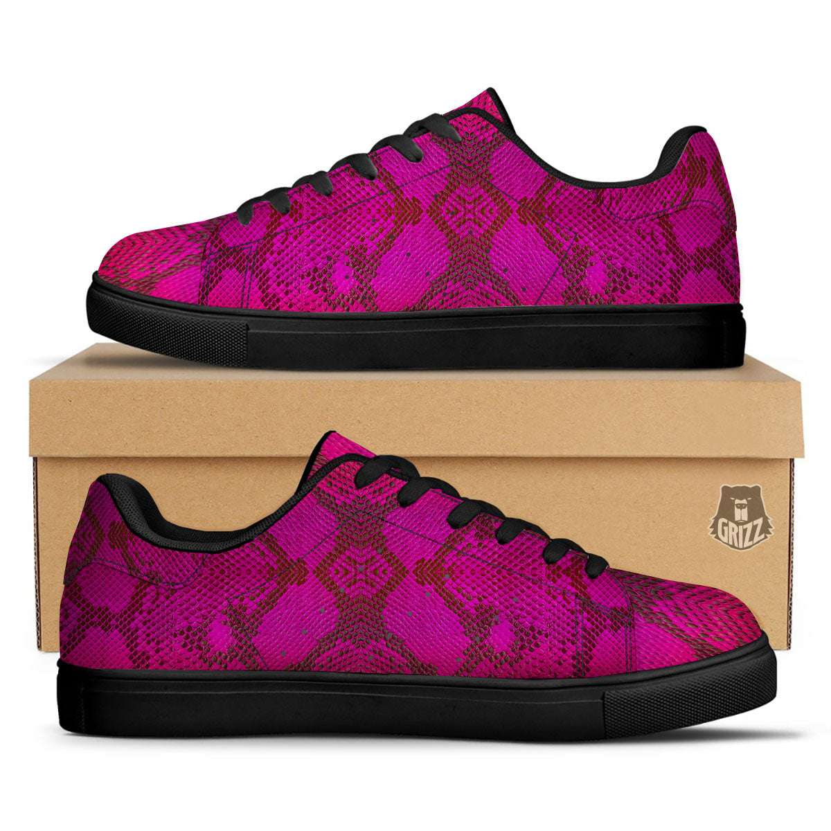 Snakeskin Black And Pink Magenta Print Black Low Top Sneakers-grizzshop