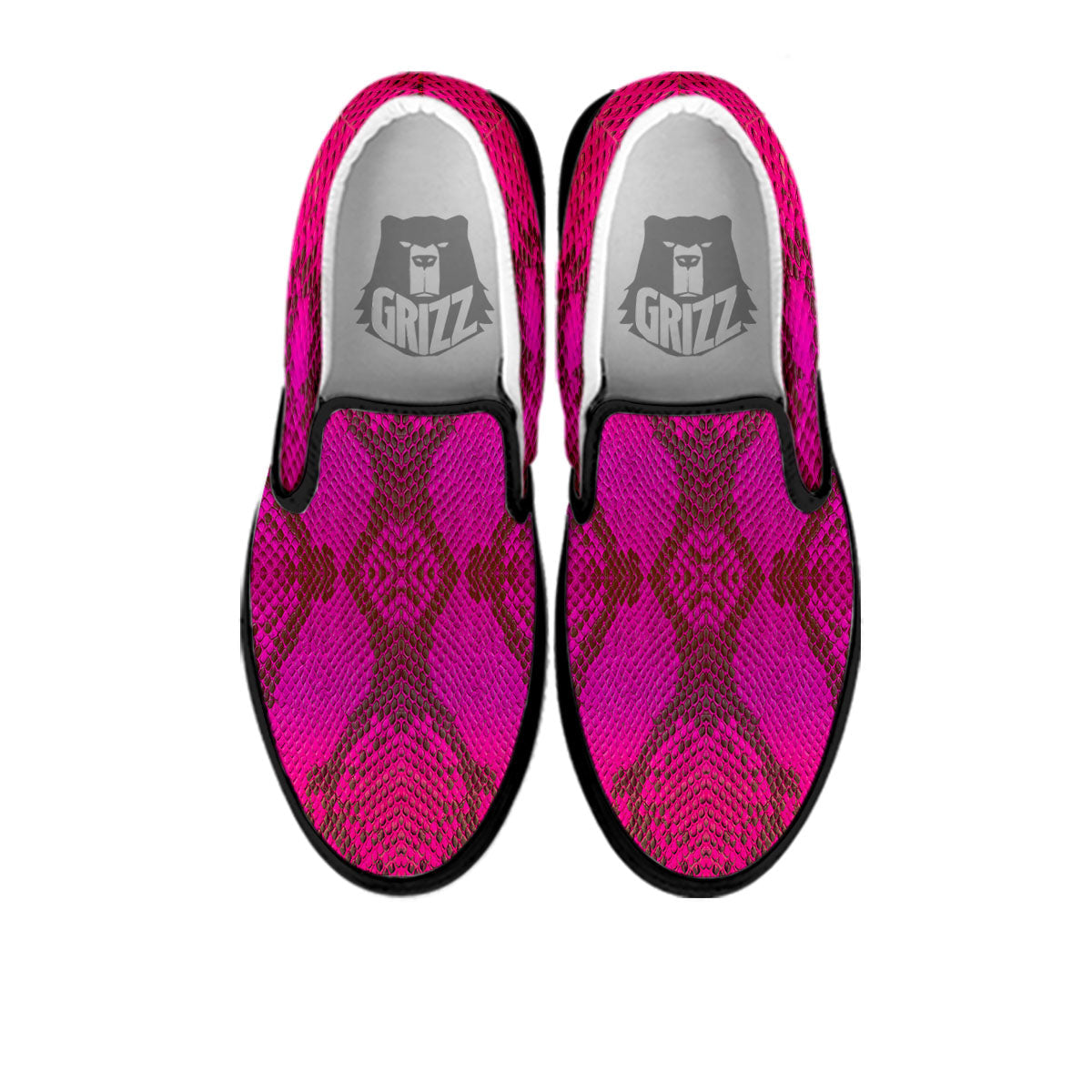 Snakeskin Black And Pink Magenta Print Black Slip On Shoes-grizzshop