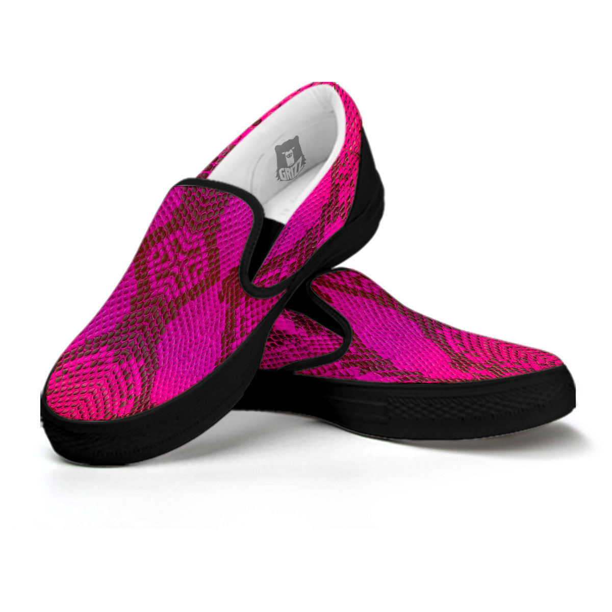 Snakeskin Black And Pink Magenta Print Black Slip On Shoes-grizzshop