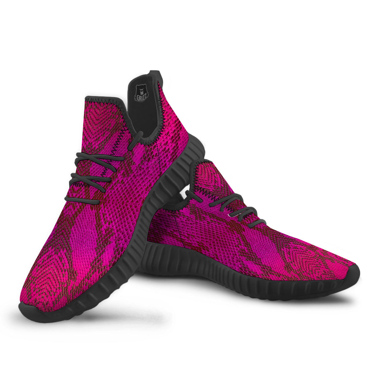 Snakeskin Black And Pink Magenta Print Black Walking Shoes-grizzshop