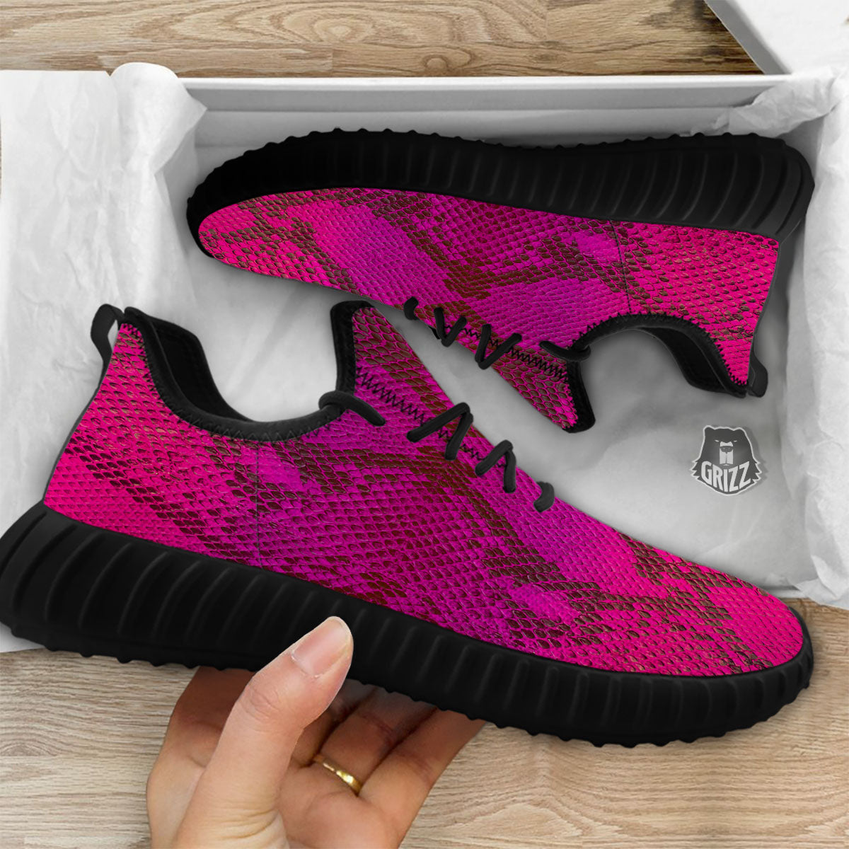 Snakeskin Black And Pink Magenta Print Black Walking Shoes-grizzshop