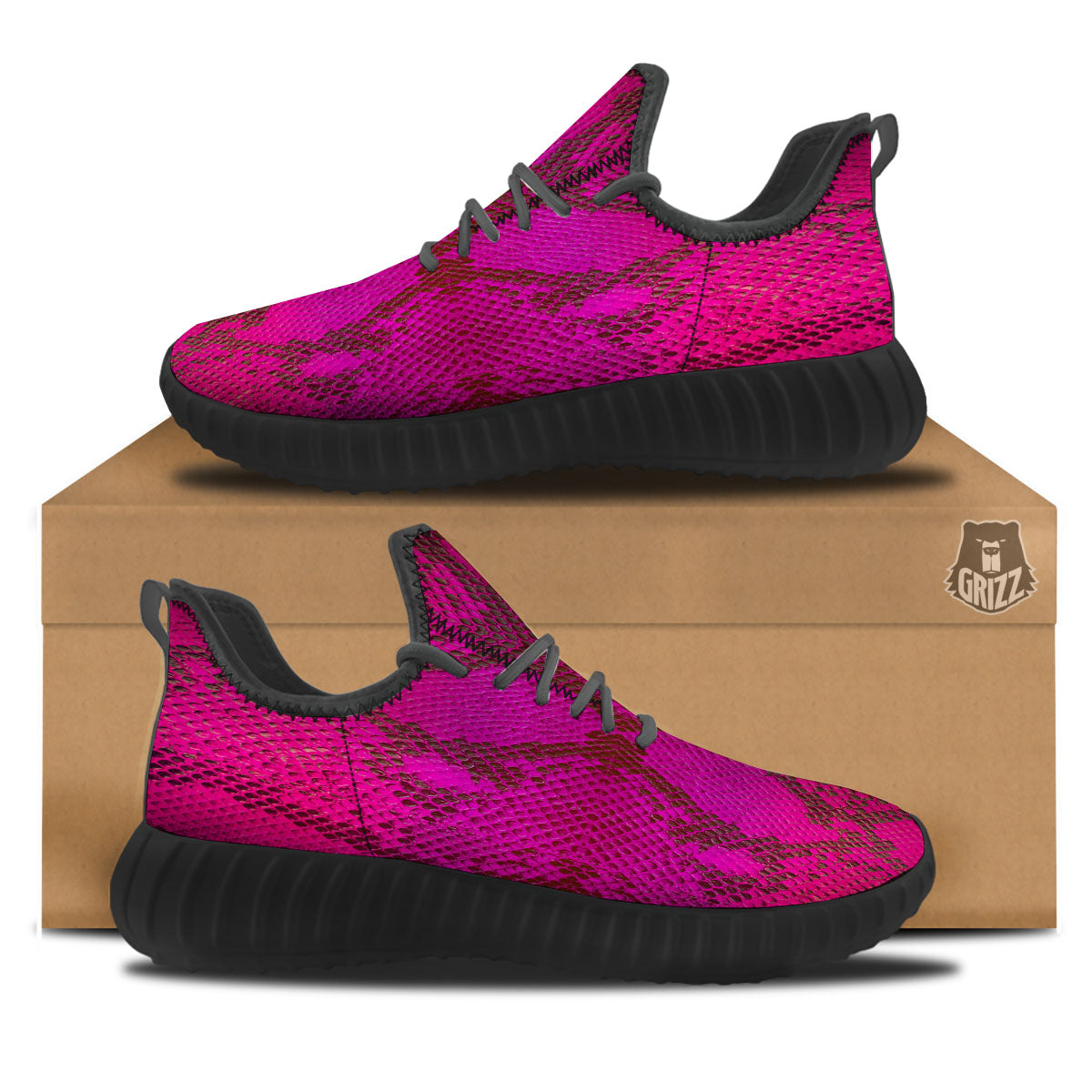 Snakeskin Black And Pink Magenta Print Black Walking Shoes-grizzshop