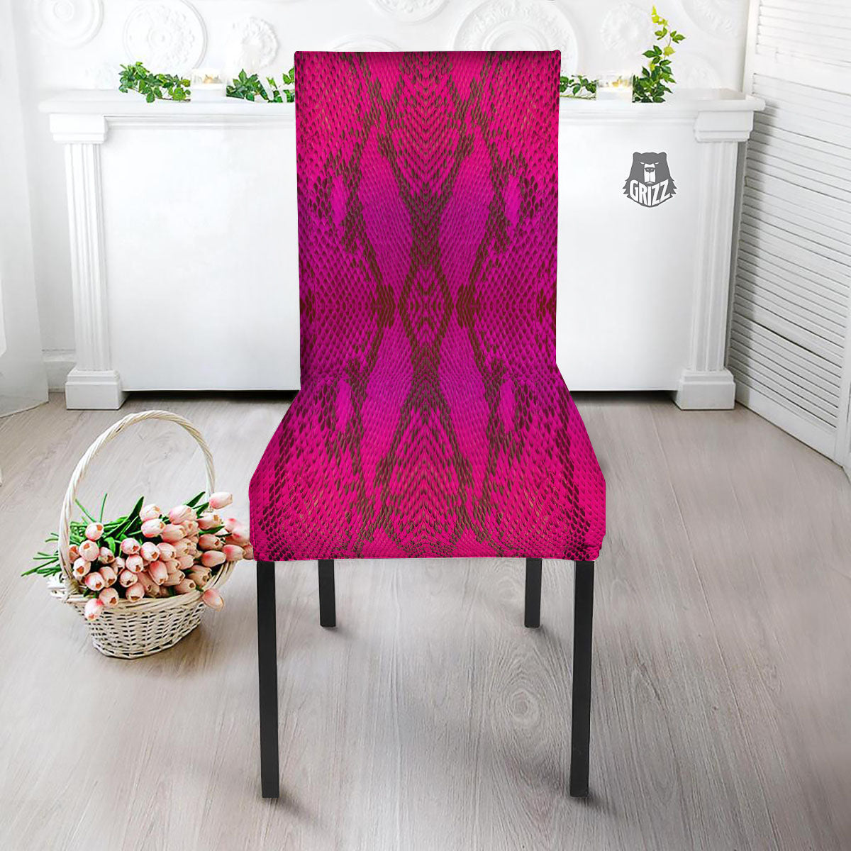 Snakeskin Black And Pink Magenta Print Dining Chair Slipcover-grizzshop