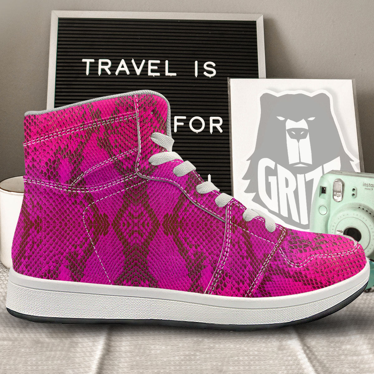 Snakeskin Black And Pink Magenta Print High Top Sneakers-grizzshop