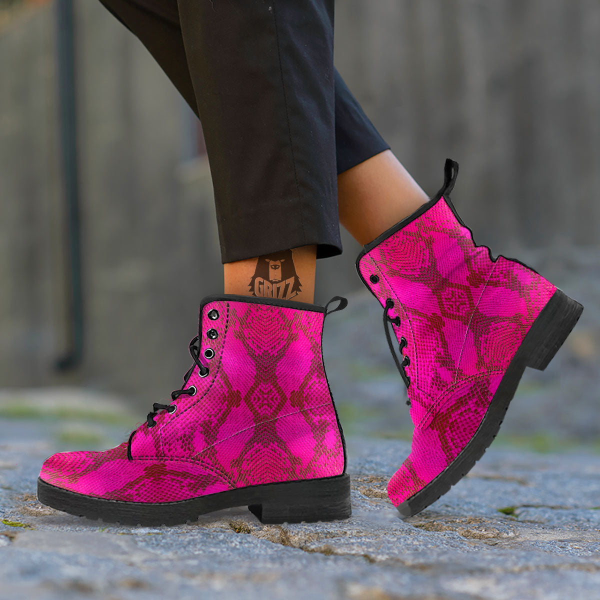 Snakeskin Black And Pink Magenta Print Leather Boots-grizzshop