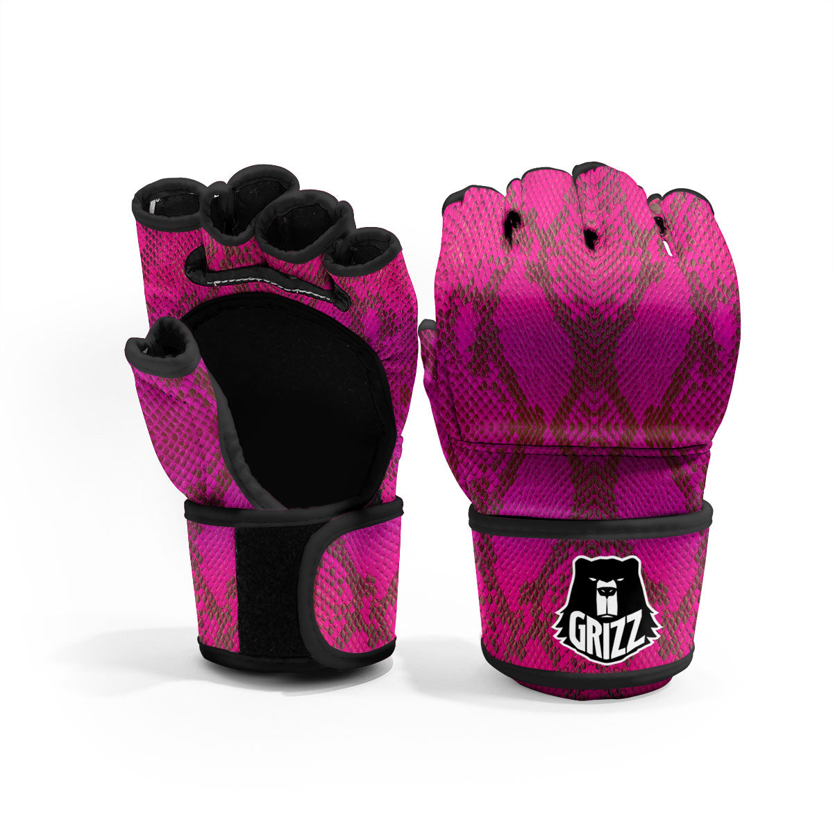 Snakeskin Black And Pink Magenta Print MMA Gloves-grizzshop