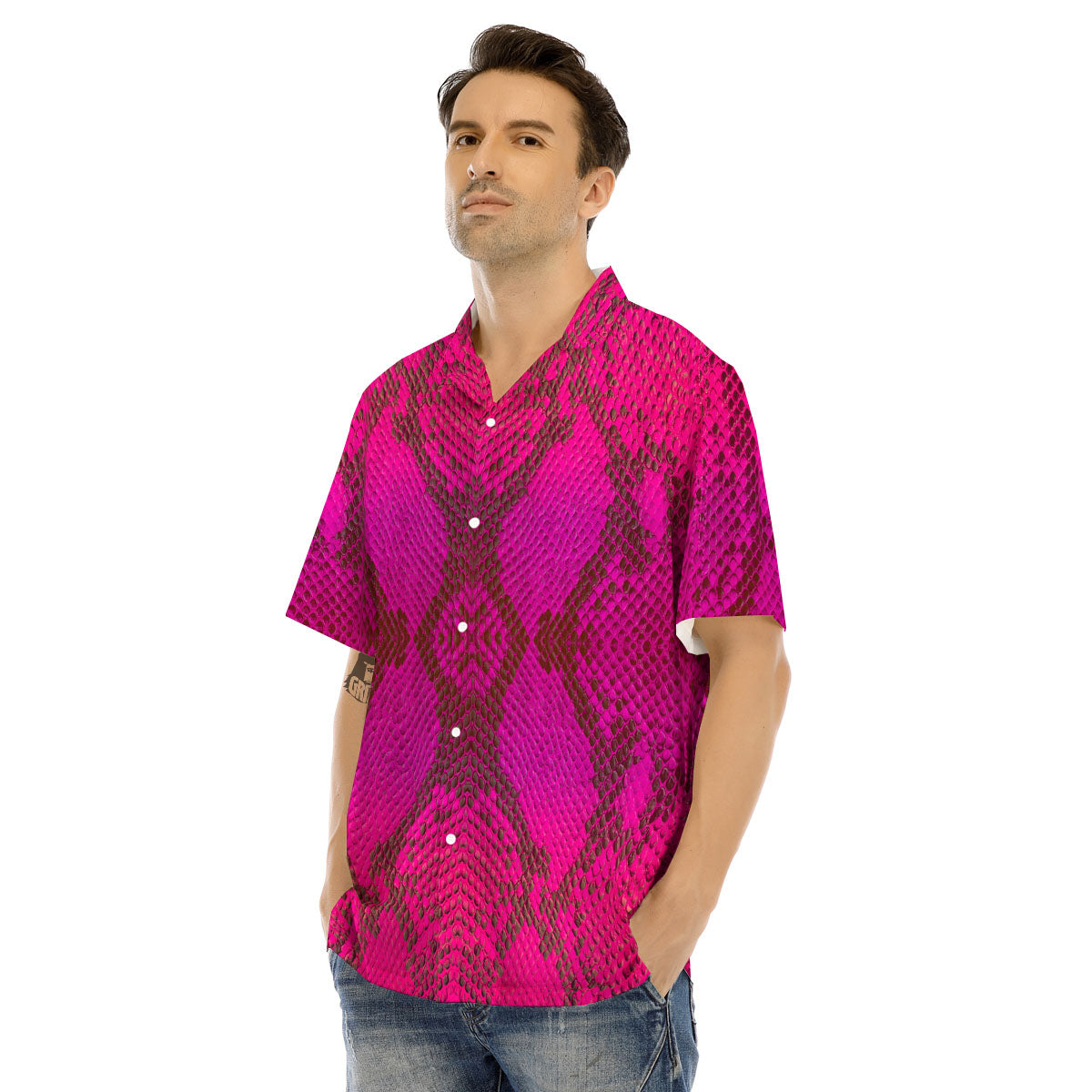 Snakeskin Black And Pink Magenta Print Men's Hawaiian Shirt-grizzshop