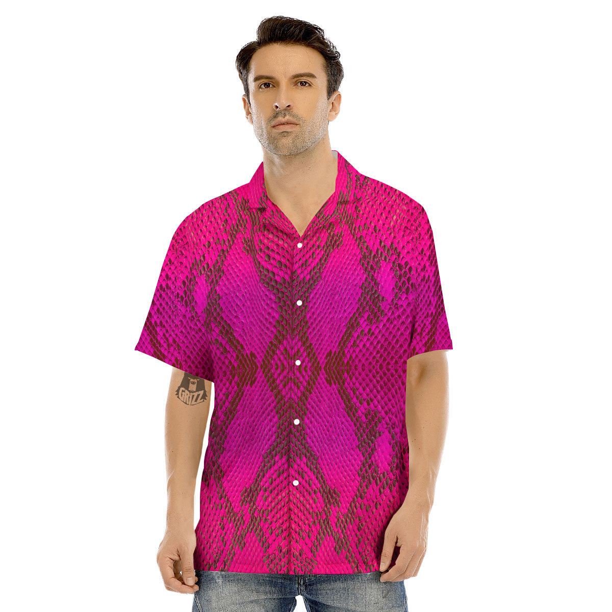 Snakeskin Black And Pink Magenta Print Men's Hawaiian Shirt-grizzshop