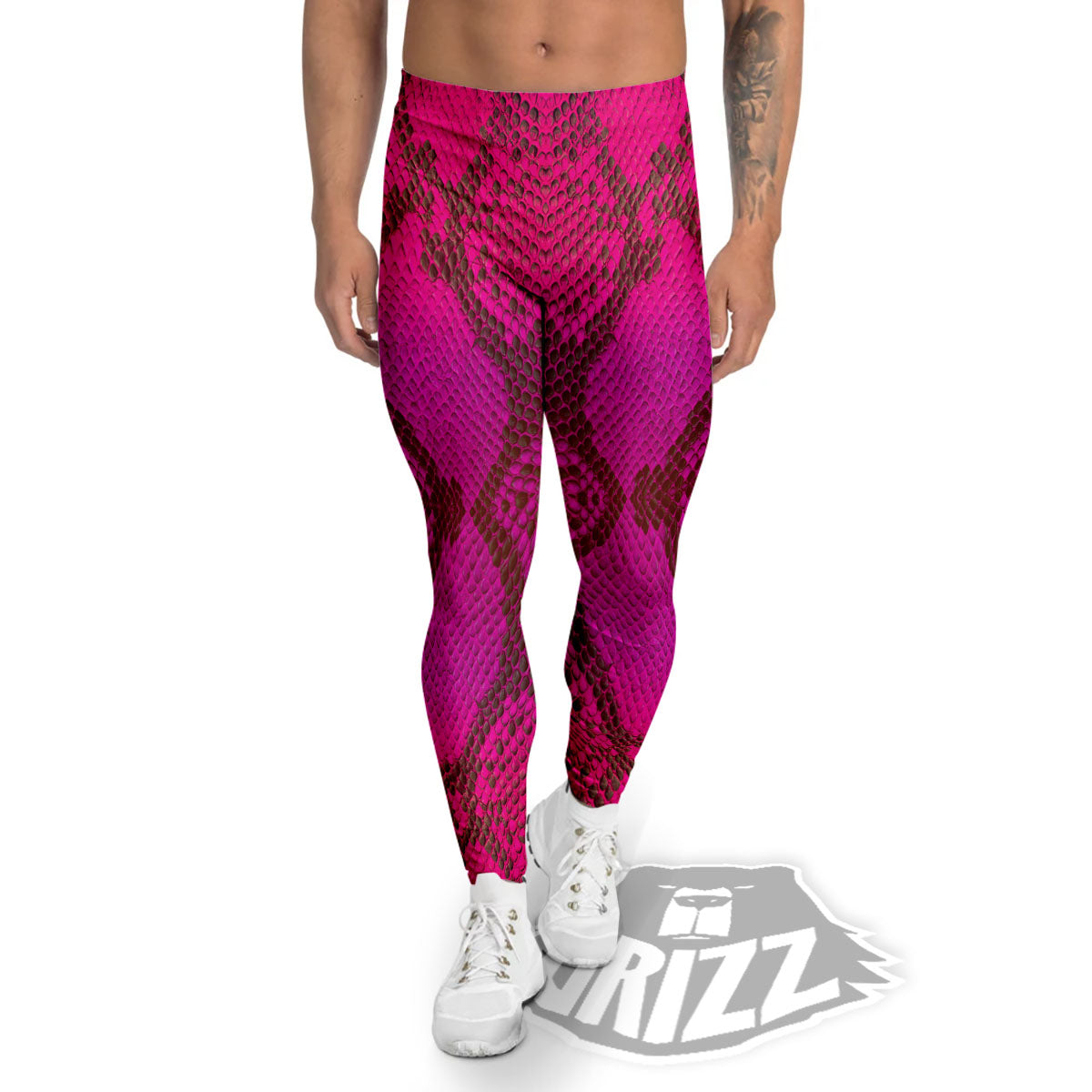 Snakeskin Black And Pink Magenta Print Men's Leggings-grizzshop