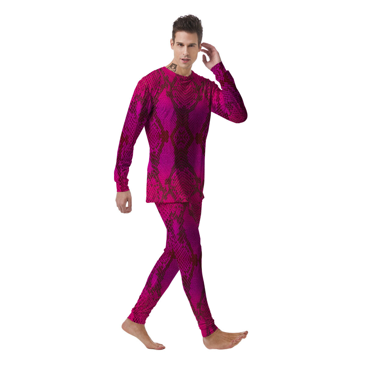 Snakeskin Black And Pink Magenta Print Men's Pajamas-grizzshop