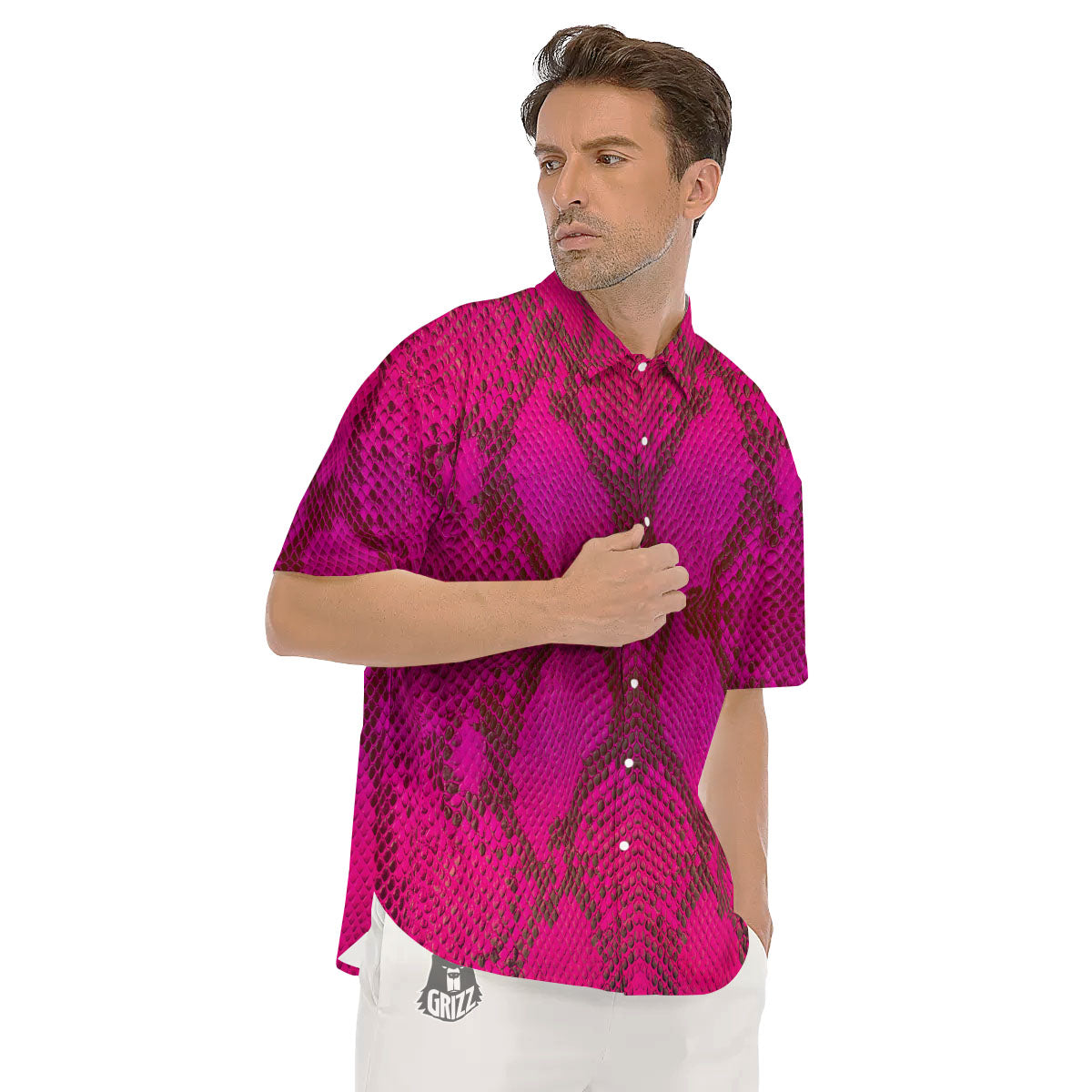 Snakeskin Black And Pink Magenta Print Men's Short Sleeve Shirts-grizzshop