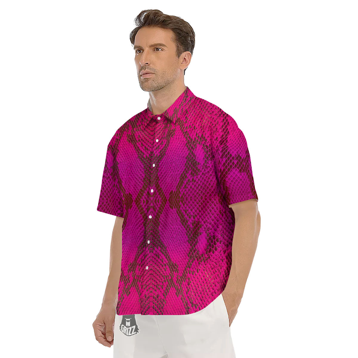 Snakeskin Black And Pink Magenta Print Men's Short Sleeve Shirts-grizzshop