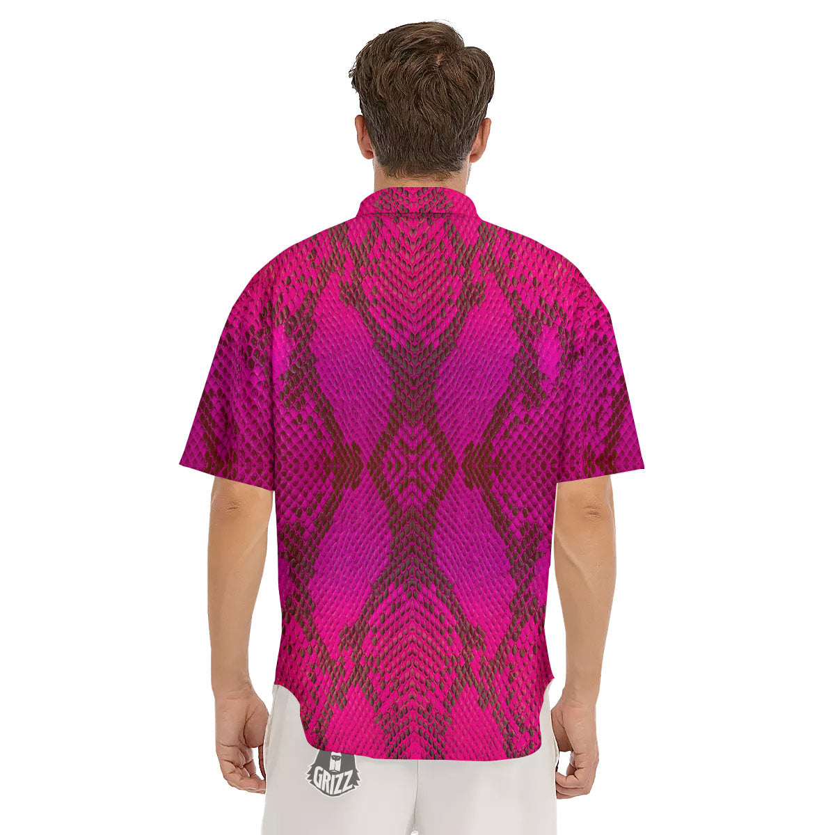 Snakeskin Black And Pink Magenta Print Men's Short Sleeve Shirts-grizzshop