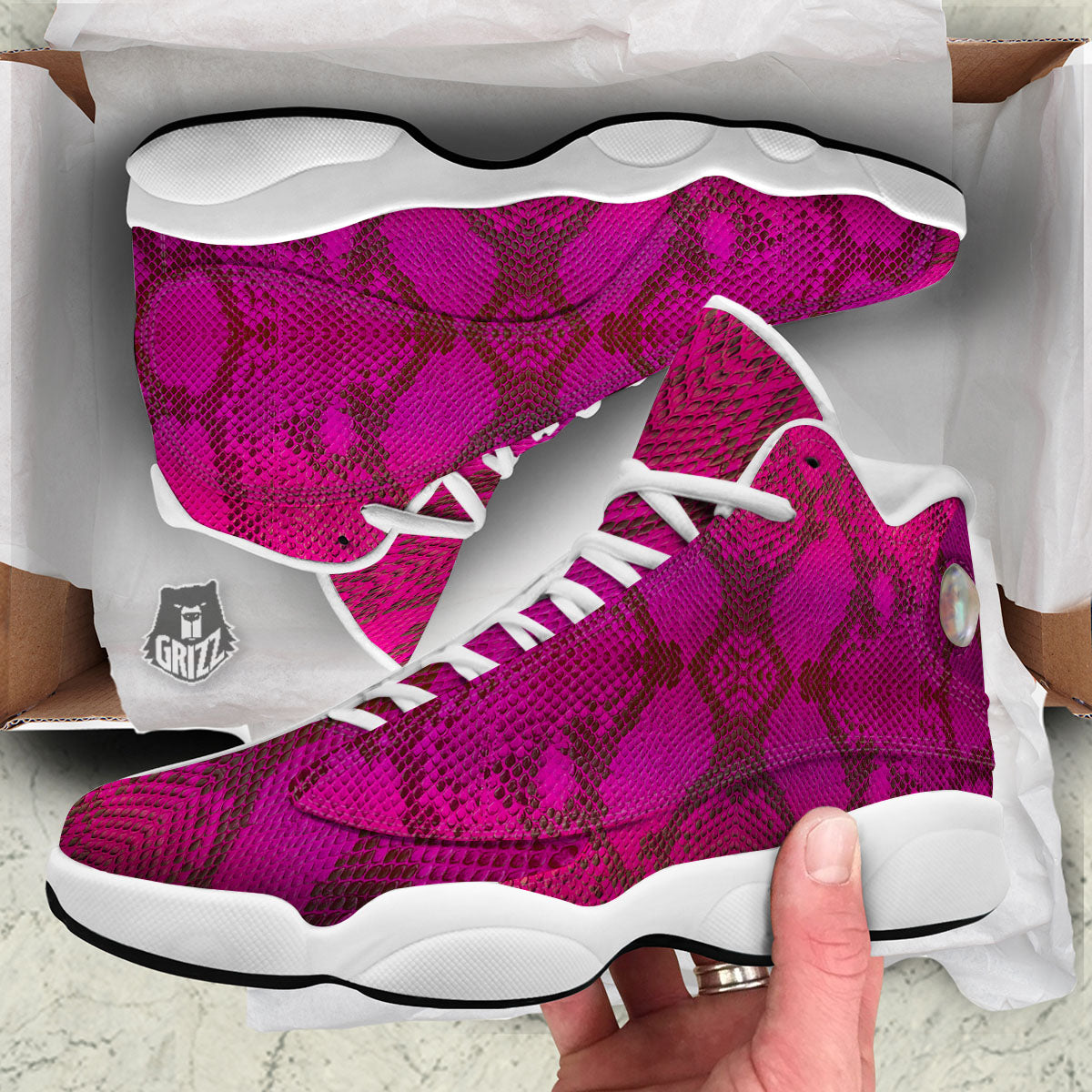 Snakeskin Black And Pink Magenta Print White Basketball Shoes-grizzshop