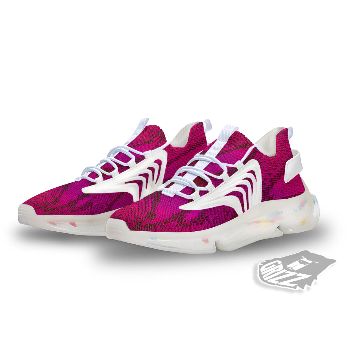 Snakeskin Black And Pink Magenta Print White Gym Shoes-grizzshop