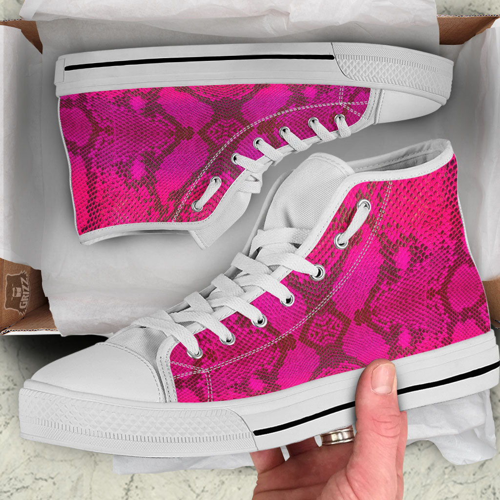 Snakeskin Black And Pink Magenta Print White High Top Shoes-grizzshop