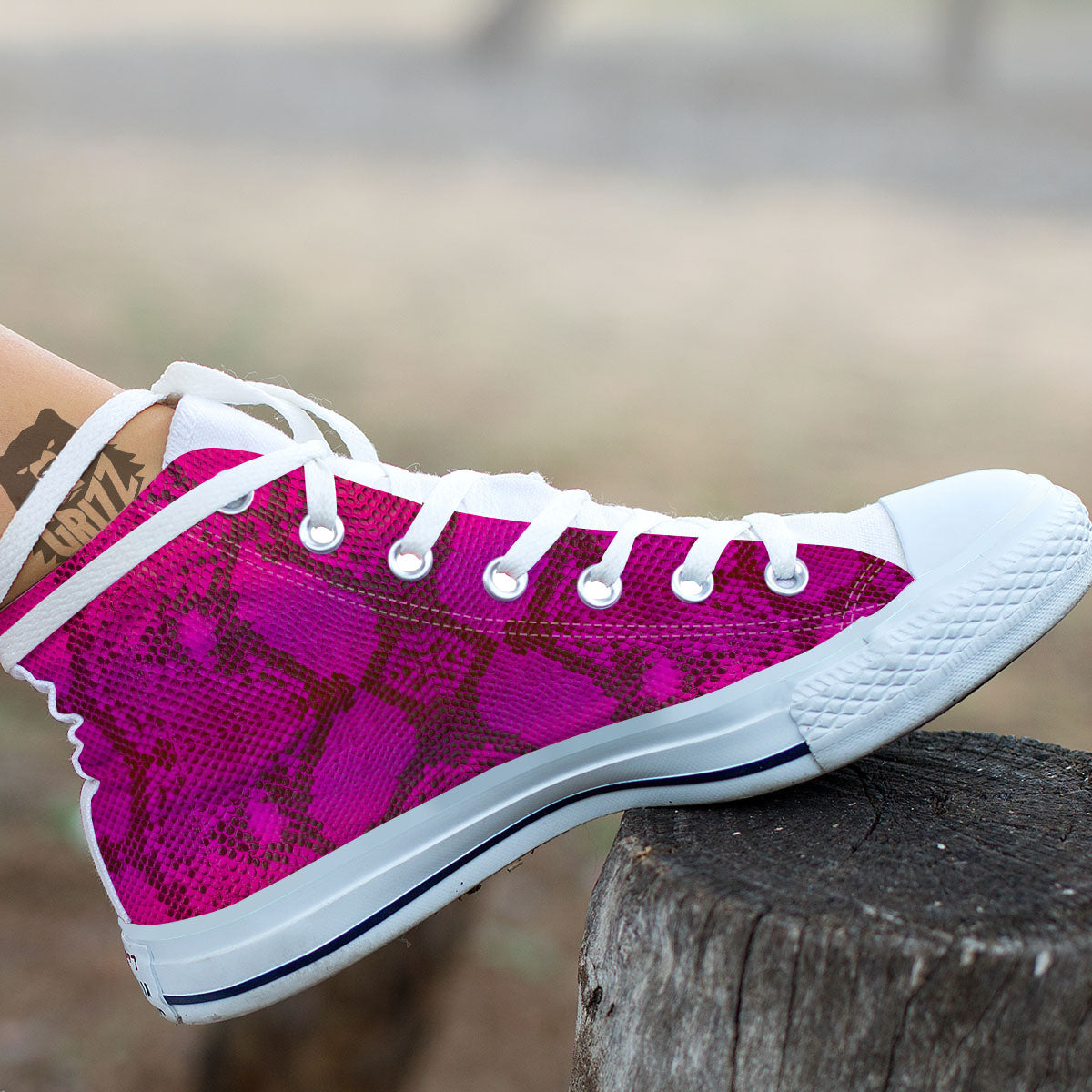 Snakeskin Black And Pink Magenta Print White High Top Shoes-grizzshop