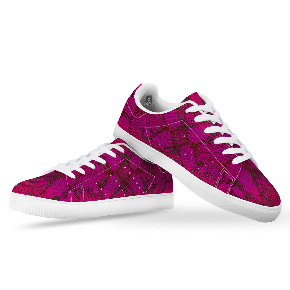 Snakeskin Black And Pink Magenta Print White Low Top Sneakers-grizzshop