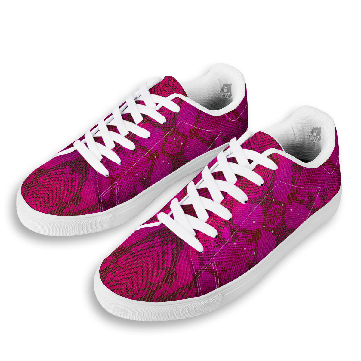 Snakeskin Black And Pink Magenta Print White Low Top Sneakers-grizzshop