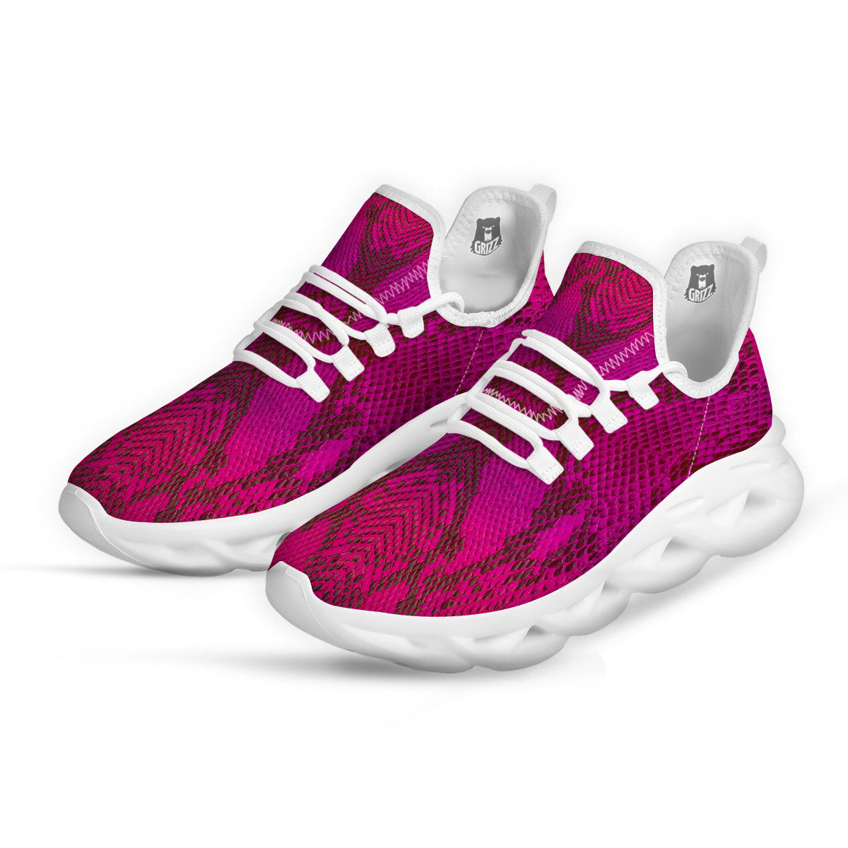 Snakeskin Black And Pink Magenta Print White Running Shoes-grizzshop
