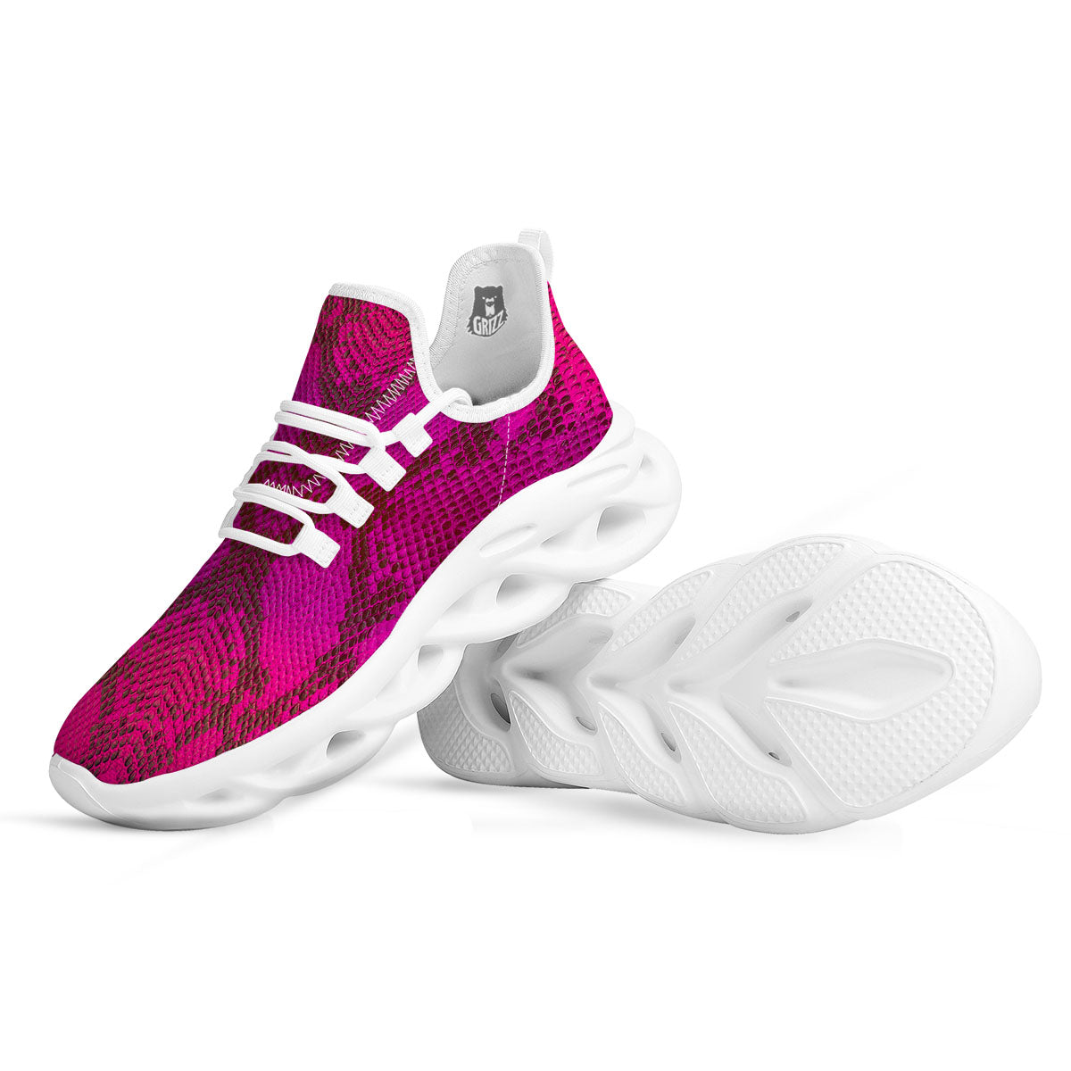 Snakeskin Black And Pink Magenta Print White Running Shoes-grizzshop
